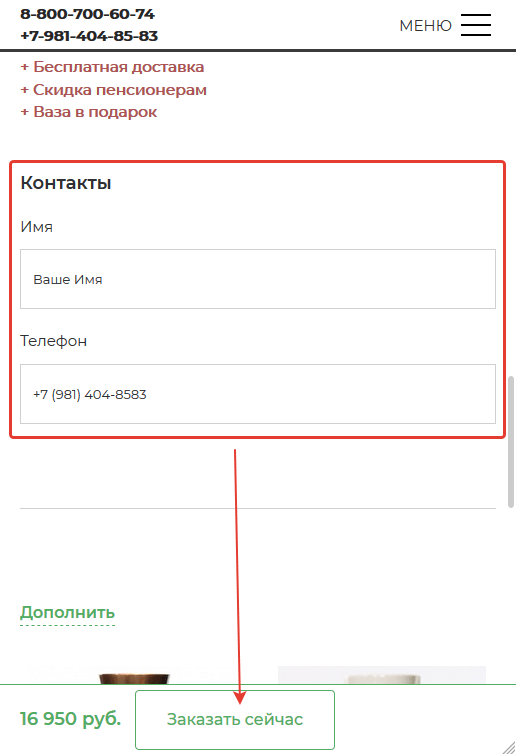 Заполнить контактные данные и нажать Заказать сейчас